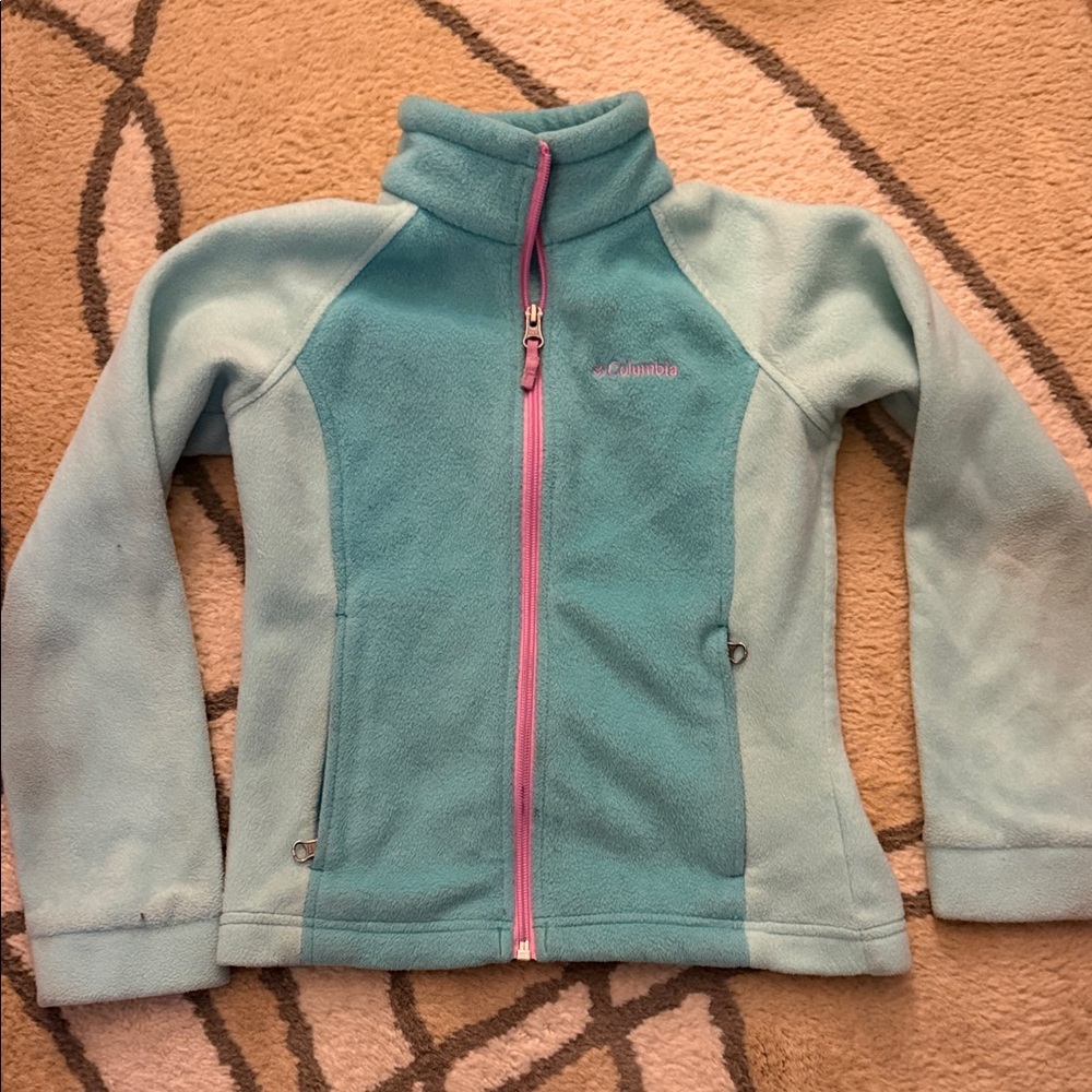 Columbia Teal Fleece Jacket with Pink Zipper Child size small.